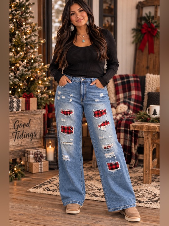 Denim - Distressed Buffalo Plaid Patch Jeans Light Wash Wide Leg Estimated Plus Size